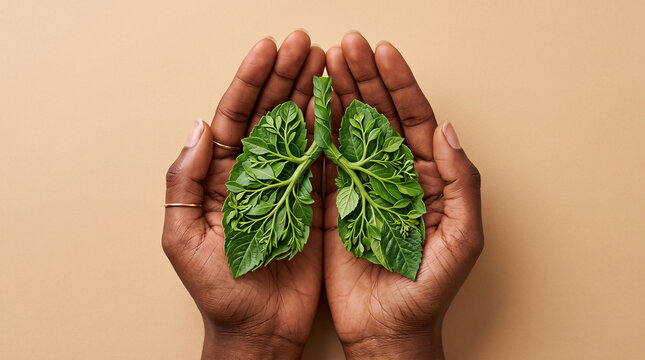 ead shot of hands presenting plant based human lungs under gentle diffused natural lighting