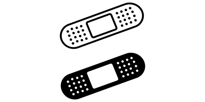 Adhesive bandage icons in black and white styles for medical safety and health care visuals.