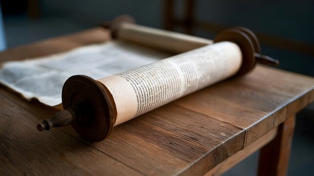 An ancient Torah scroll partially unrolled on a rustic wooden table  showing aged parchment with Hebrew text