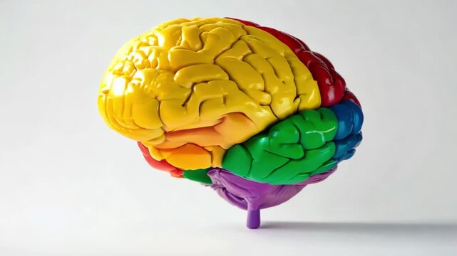Colorful anatomical model of a human brain with divided lobes on a light background, neuroscience education, medical study, mind research.