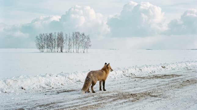 Lone red fox standing alert on snowy plowed road in winter landscape