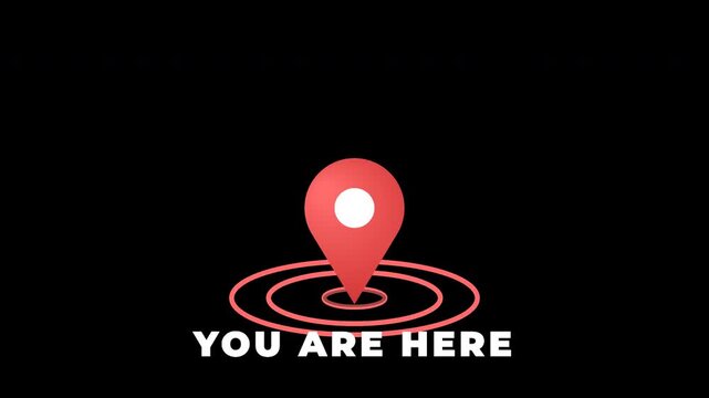 Red map pin dropping with ripples and You Are Here text with alpha channel