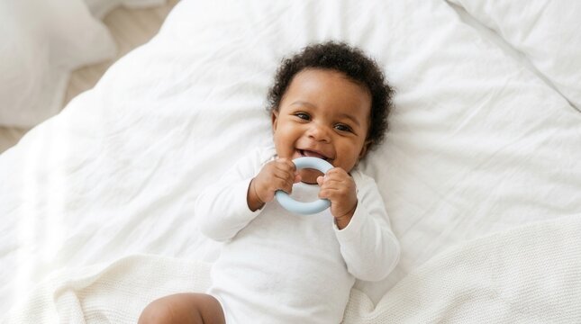 Cheerful little Black infant in a white onesie playing with a teether on a bed.