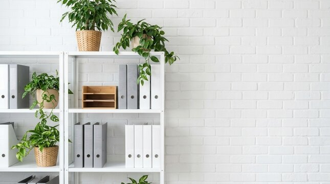 Organized white bookcase with decorative plants and professional office folders in a bright room.
