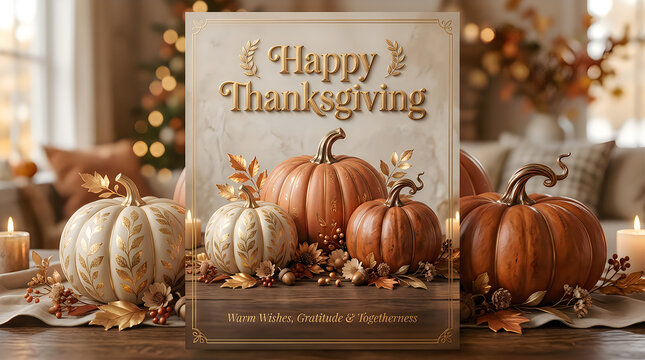 Autumnal pumpkins and candles with happy fall greetings sign