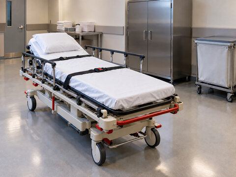 Clean patient transport stretcher ready in a service bay