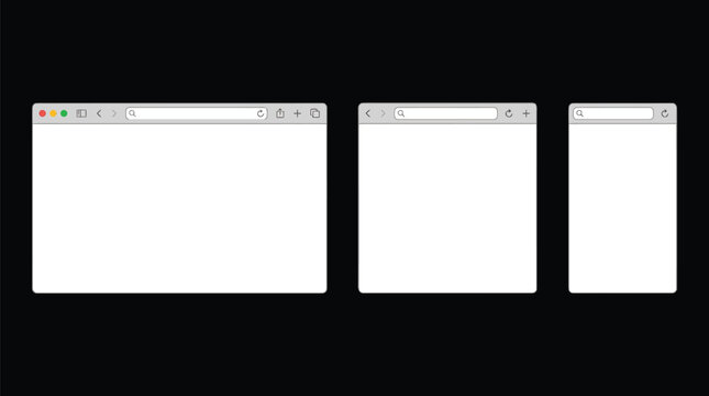 Browser, windows showing web interface frames in different sizes for responsive testing