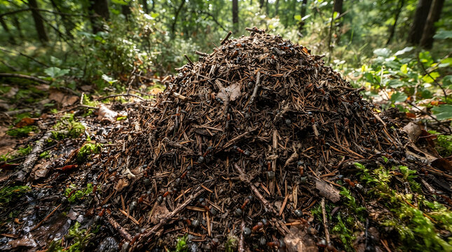 Large forest ant hill mound made of pine needles and twigs isolated