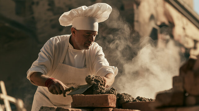 Master Builder's Craft: A chef in a pristine white uniform and toque, his hands covered in mud, meticulously lays bricks, crafting a new structure amidst a dusty, sun-drenched environment.