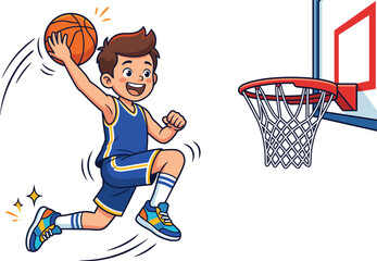 Cute Cartoon Boy Basketball Player Jumping High to Slam Dunk Ball into Hoop Hoop Isolated on White Background Active Kids Sports Vector Illustration © Habiba