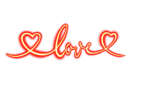Bright neon red cursive love lettering seamless banner flanked by two heart line art contours on a dark background vector.