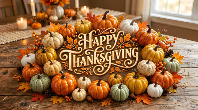 Festive thanksgiving table setting with pumpkins and autumnal decorations