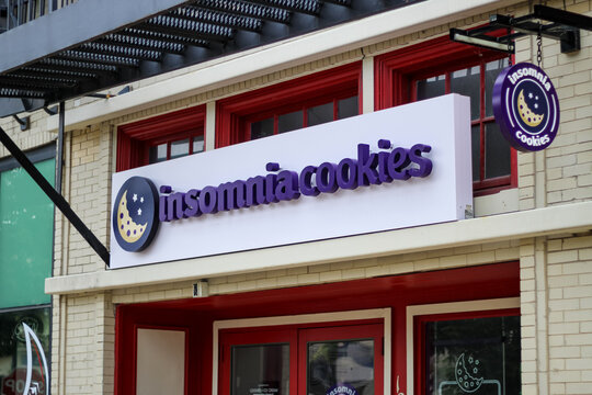 Iowa City, Iowa, US - Aug 28, 2026:  Insomnia Cookies, a popular American bakery chain that specializes in warm cookies, brownies, and ice cream