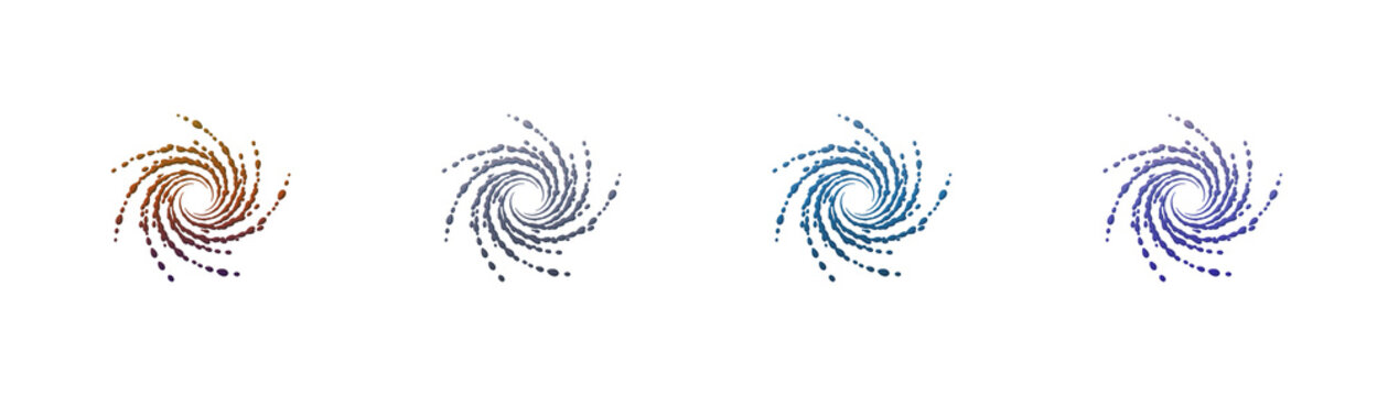 Spiral galaxy icons set with dotted particle swirl shapes design