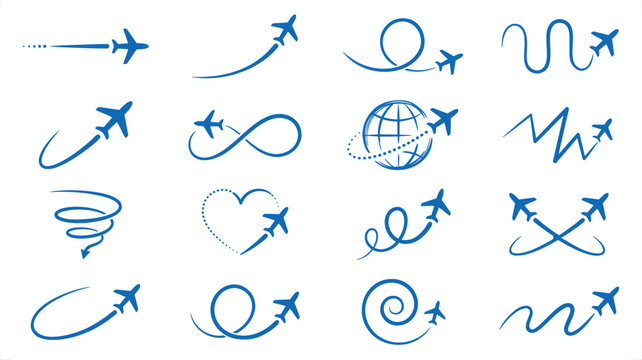 Blue airplane flight path icons, 16 aircraft route line symbols, minimalist travel plane vector set for logistics and tourism