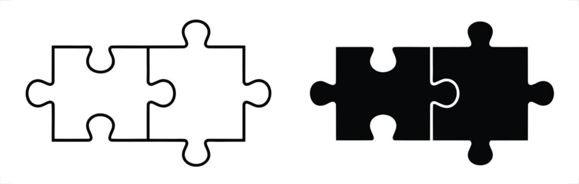 Minimalist puzzle piece icons, two interlocking jigsaw elements in outline and solid black styles, vector EPS for business partnership and logic