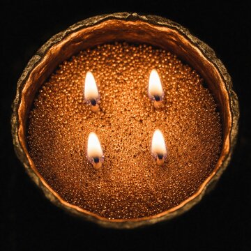 Four bright flames burn inside decorative ceramic bowl filled with small golden stearin pearls. Warm candlelight glows in dark room. Unique candle design with multiple wicks creates mystical