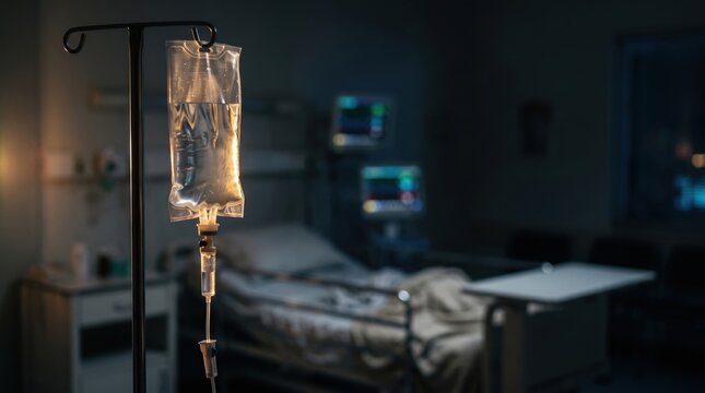 Focused intravenous drip bag on a stand in a dimly lit hospital ward with empty bed and monitors, emphasizing critical patient care, infusion therapy, treatment and medical vigilance at night