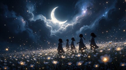 Naklejka premium Group of young girls walk through magical flower field at night under crescent moon. Dreamy fantasy landscape with glowing blossoms, starry sky. Silhouettes of children explore mystical garden during