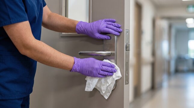 Hands in purple gloves wiping a metal door handle with a white disinfecting cloth in a hospital corridor, representing surface sanitization, germ prevention, hygiene and infection control