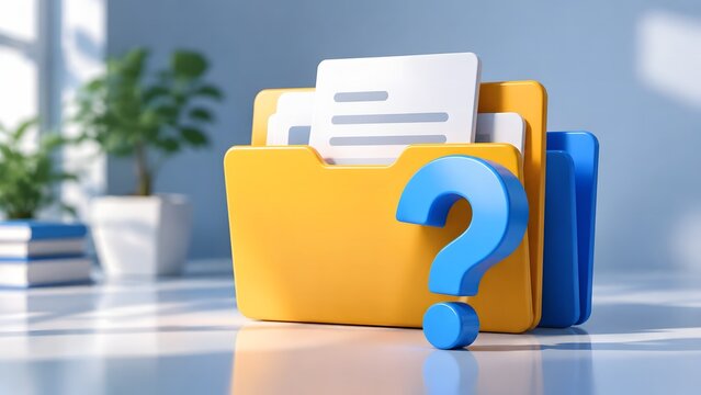 3D illustration of a yellow file folder containing documents with a prominent blue question mark, symbolizing uncertainty, missing information, or data queries.