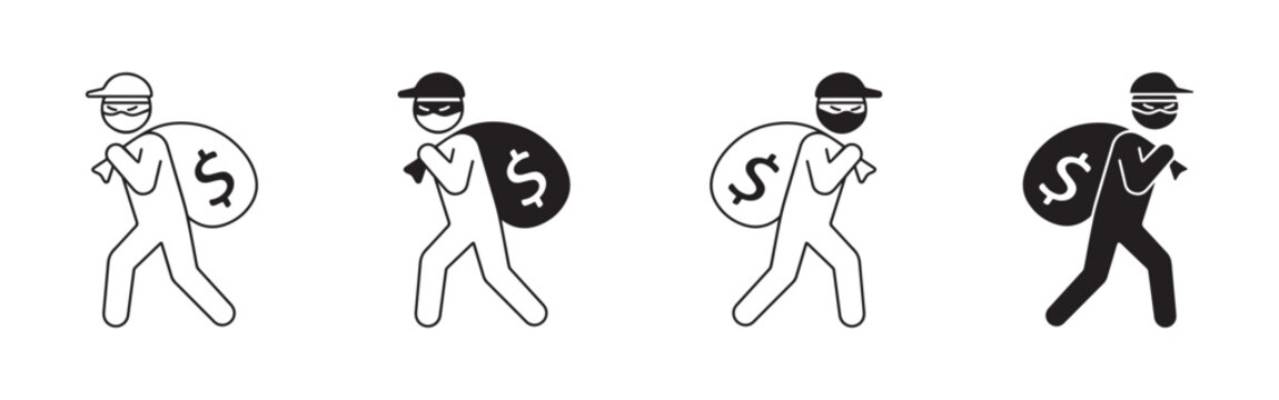 Thief Stick Figure Icon Set Carrying Money Bag with Dollar Sign Robber and Criminal Outline Solid Black Pictograms
