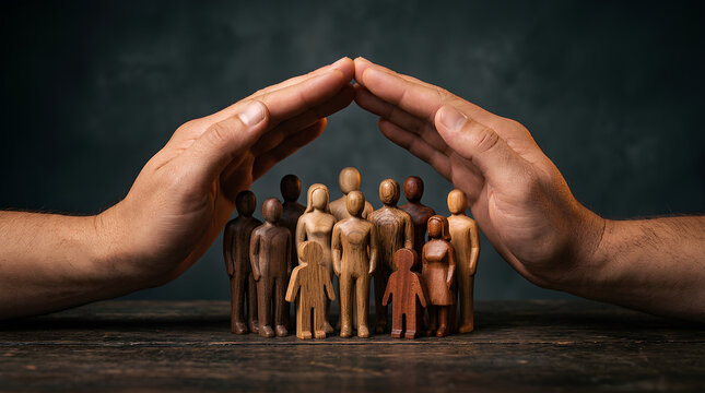 protective hands shielding diverse wooden figurines representing community and unity in a conceptual arrangement