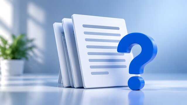 3D render of a stack of white office documents with a large blue question mark, representing pending tasks, unanswered questions, or information gaps in work.