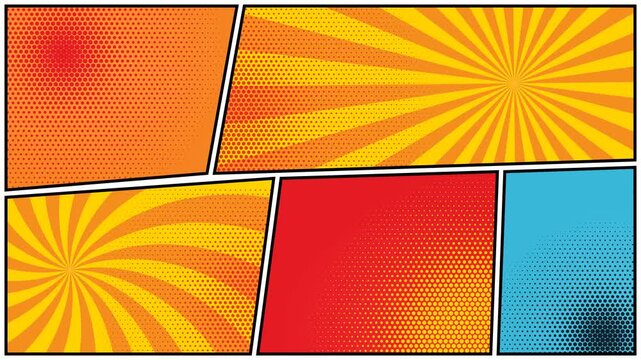 Comic book background with panels, halftone dots, and vibrant explosion sunburst vector illustration