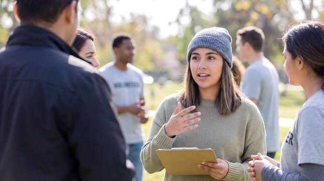 A diverse group of young adults engaged in a community outreach activity, with one woman leading the discussion.