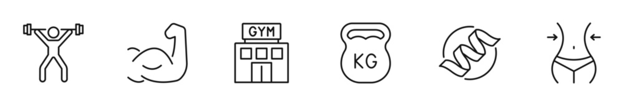 Gym icon set. Fitness icon in line style. Editable web icons sport, training, nutrition, healthy lifestyle, workout, activity etc. Vector illustration.
