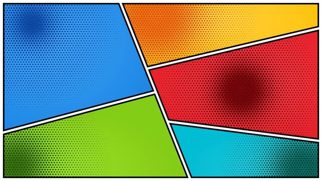 Empty comic book panel template with halftone dot texture and bright primary colors for story creation