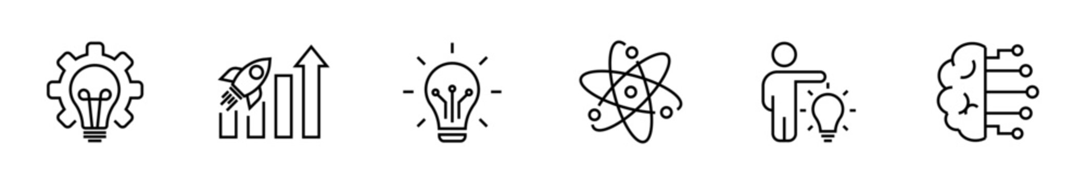 Innovation icon set. Startup icon in line style. Editable web icons idea, creativity, invention, revolution, progress, advancement, vision, development business etc. Vector illustration.