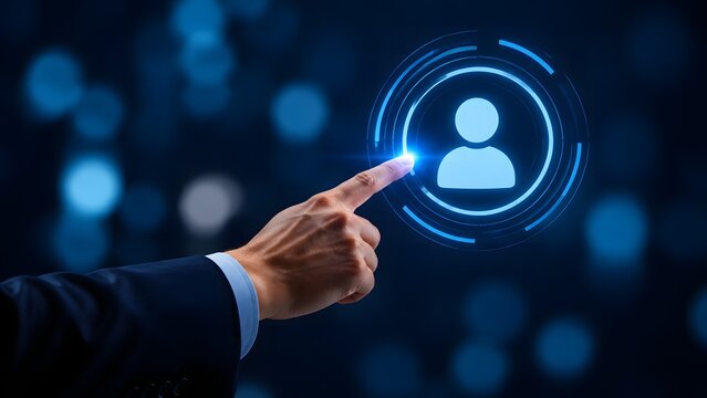 Businessman interacting with a futuristic holographic user interface showing a digital human profile icon for networking, identity management, and modern technology.