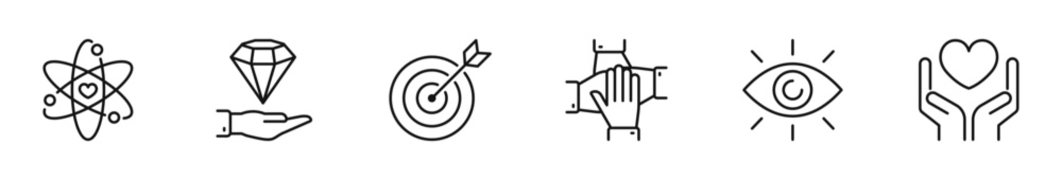 Core values icon set. Value icon in line style. Editable web icons family, innovation, quality, balance, sustainability, responsibility, teamwork, honesty, empathy, strategy etc. Vector