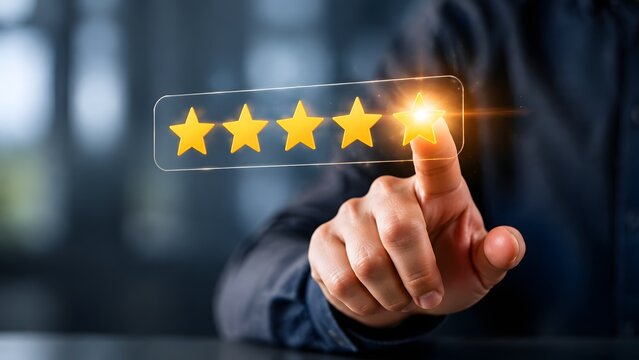 Close up of a person tapping a glowing five star rating on a digital interface, symbolizing premium service, customer loyalty, and top tier brand reputation.