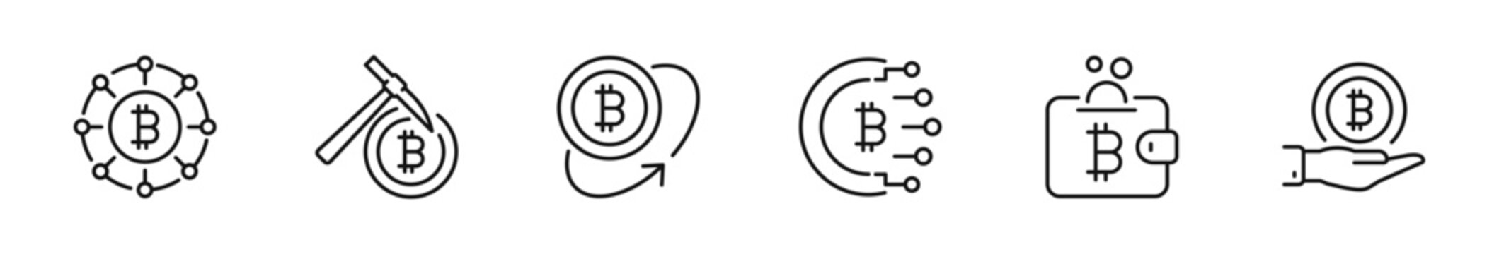 Bitcoin icon set. Cryptocurrency icon in line style. Editable web icons crypto, blockchain, wallet, exchange, encryption, digital banking, finance etc. Vector illustration.