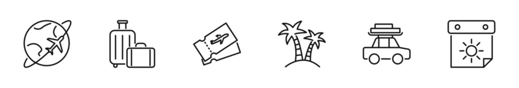 Travel icon set. Tourism icon in line style. Editable web icons summer holiday, hotel, vacation, adventure, airport, tickets, beach, mountains etc. Vector illustration.