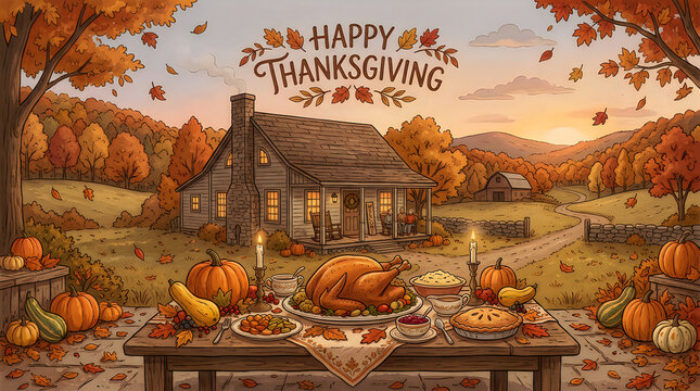 Festive thanksgiving scene with cozy cabin and autumn foliage display