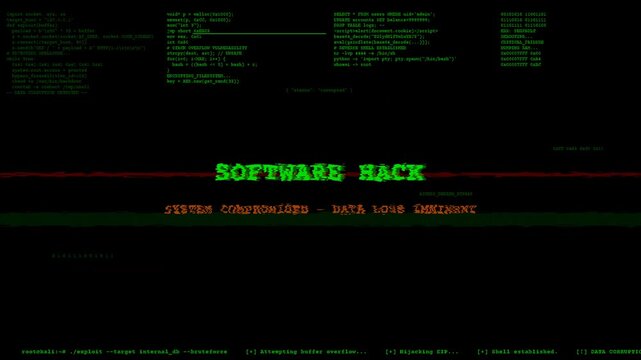 Retro green terminal software hack interface, digital cyber threat, binary code data breach, computer security alert