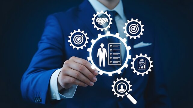 Business process management concept showing gears and icons representing human resources, teamwork, and performance tracking