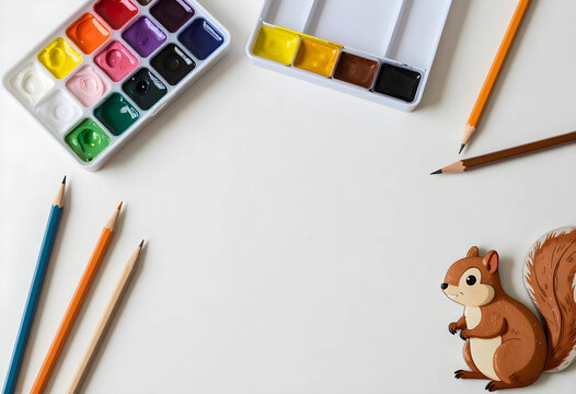 Creativity and artistic inspiration, watercolor paint set with colored pencils and a cute squirrel illustration on a clean white background