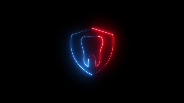 Neon dental protection shield icon animation with glowing tooth symbol for oral healthcare, motion graphic of dental concept, on a transparent background. 4k video