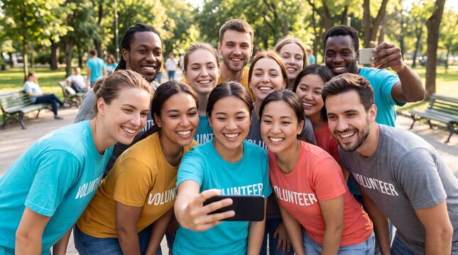 A diverse group of smiling young adult volunteers taking a selfie in a park, showcasing community spirit and engagement.