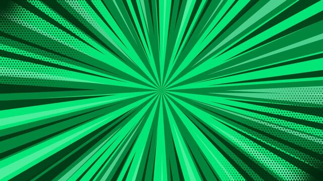 Vibrant green comic book style radial speed lines background with halftone dots pattern