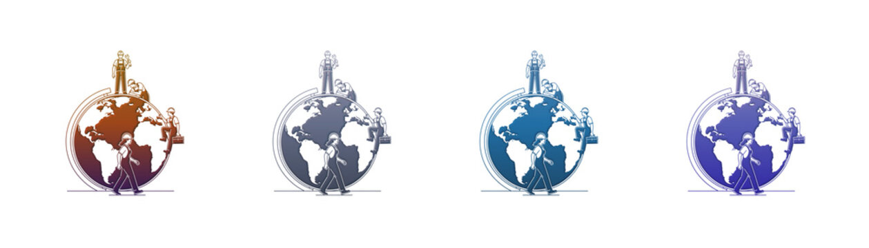Global construction workers building world map line art set