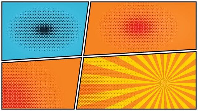 Colorful comic book panels with halftone dot patterns and radial lines background layout