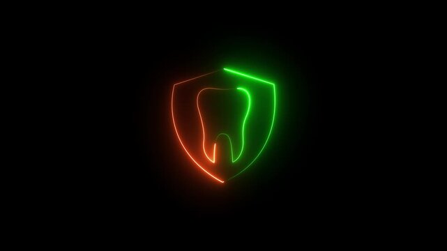 Neon dental protection shield icon animation with glowing tooth symbol for oral healthcare, motion graphic of dental concept, on a transparent background. 4k video