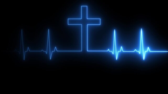 Abstract glowing neon heartbeat signal icon animation medical concept. blue neon cross with heartbeat line on transparent background, motion graphic of neon heart beat concept.