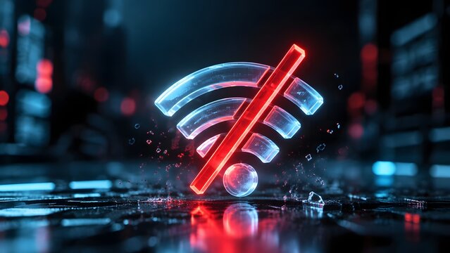 Glowing neon Wi-Fi signal icon with a red strike-through line indicating no internet connection, set against a dark, moody, and blurred futuristic digital background.
